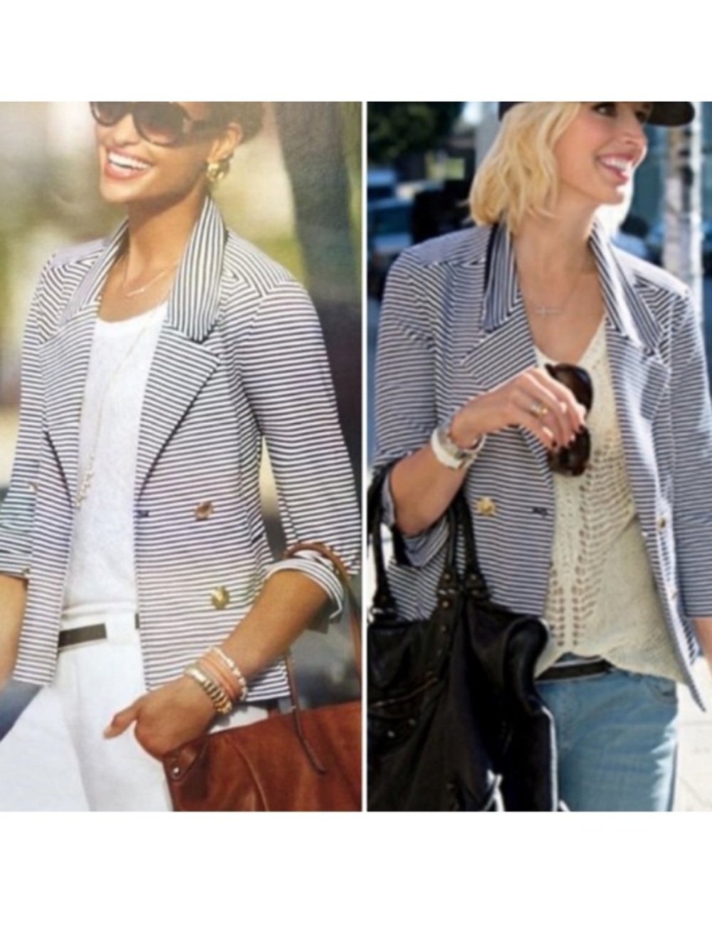 CAbi navy white stripe double breasted blazer, nautical gold tone buttons